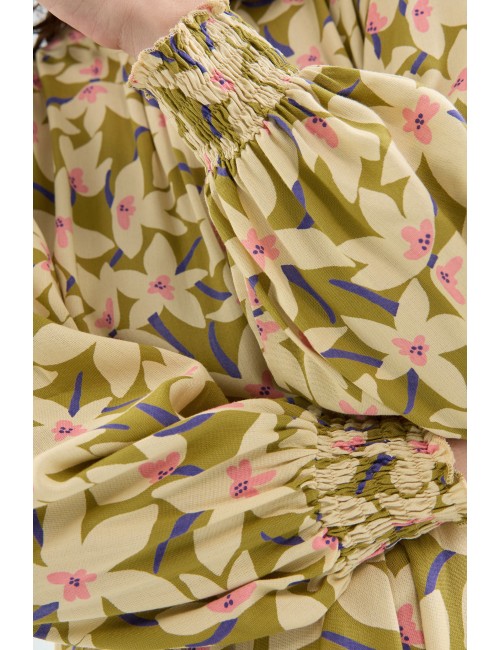 VESTIDO MIDI CON MANGA LARGA Y ESTAMPADO FLORAL VERDE