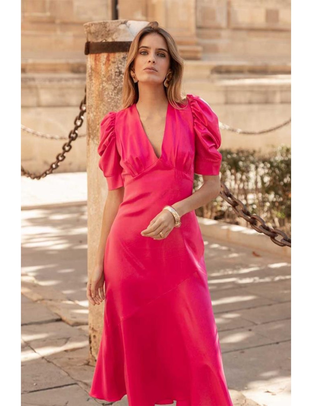 VESTIDO VERONA RASO FUXIA MANGA ABULLONA