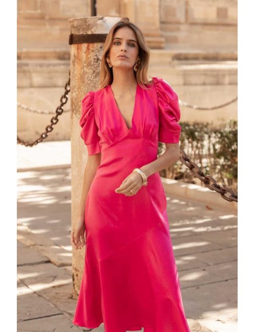 VESTIDO VERONA RASO FUXIA MANGA ABULLONA