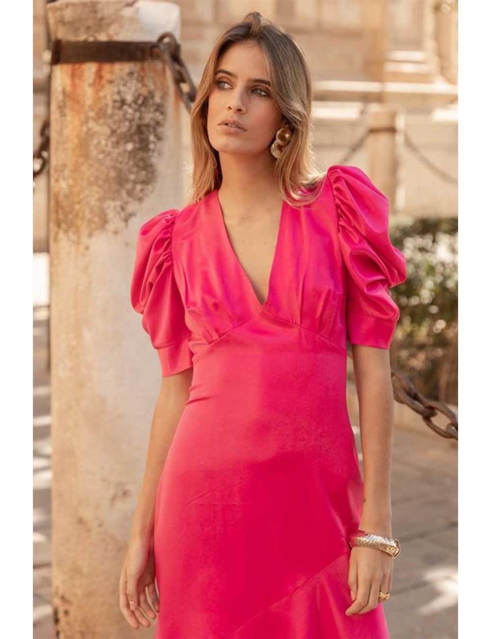 VESTIDO VERONA RASO FUXIA MANGA ABULLONA