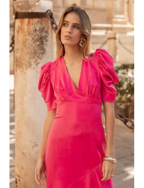 VESTIDO VERONA RASO FUXIA MANGA ABULLONA