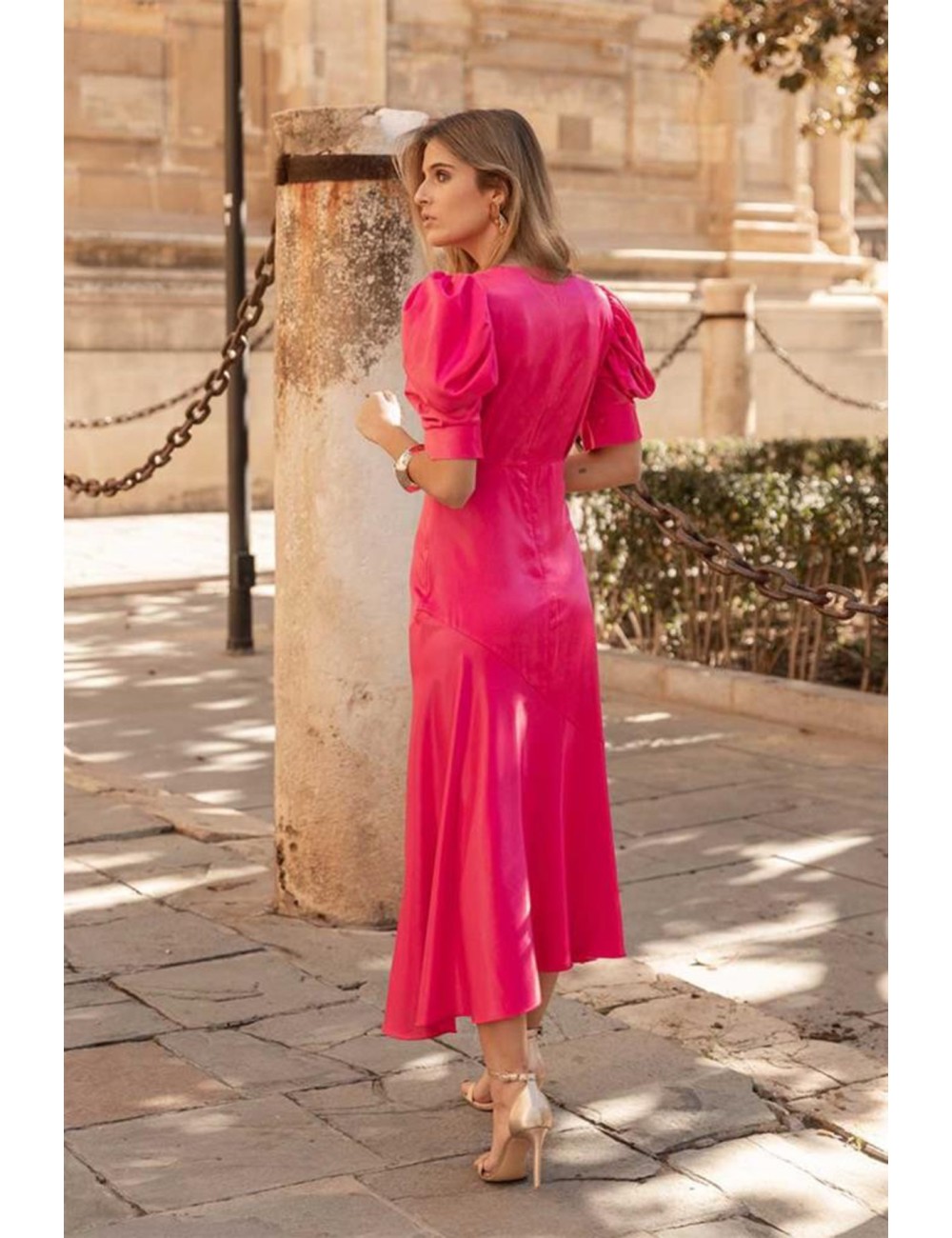 VESTIDO VERONA RASO FUXIA MANGA ABULLONA