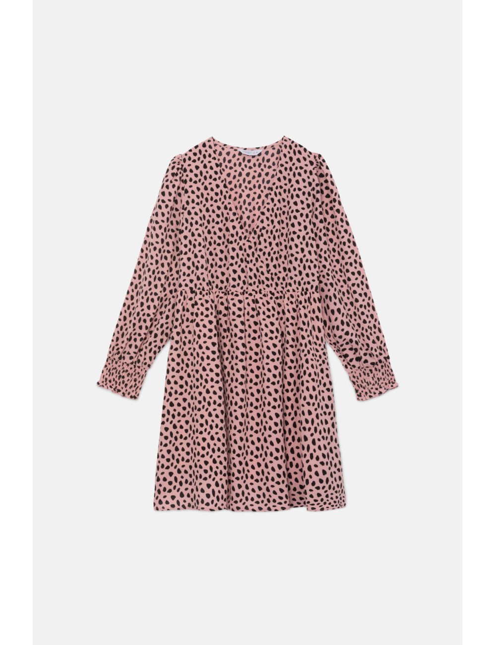 VESTIDO CORTO CRUZADO CON ESTAMPADO DE LUNARES ROSA