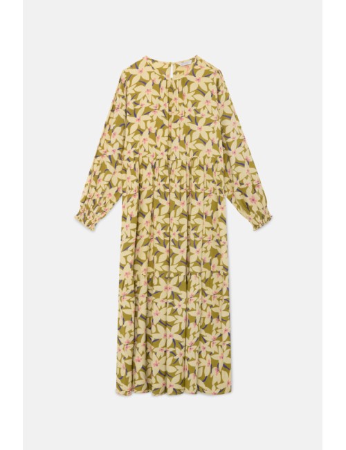 VESTIDO MIDI CON MANGA LARGA Y ESTAMPADO FLORAL VERDE