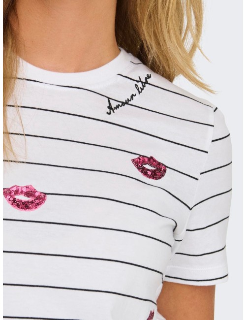 CAMISETA RAYAS LABIOS LENTEJUELAS BLANCA