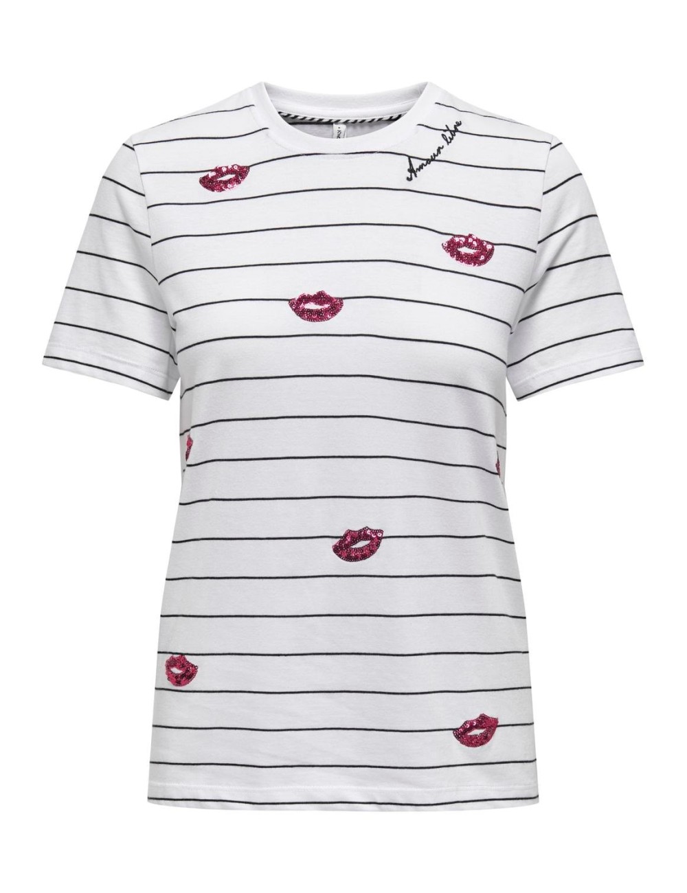 CAMISETA RAYAS LABIOS LENTEJUELAS BLANCA