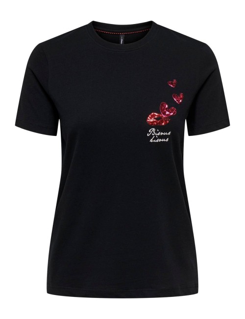 CAMISETA LABIOS Y CORAZON LENTEJUELAS NEGRA