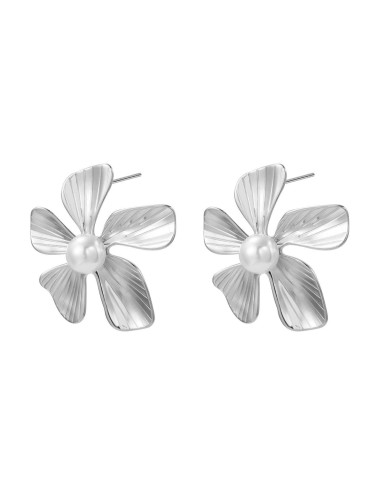 PENDIENTE ACERO FLOR CON PERLA