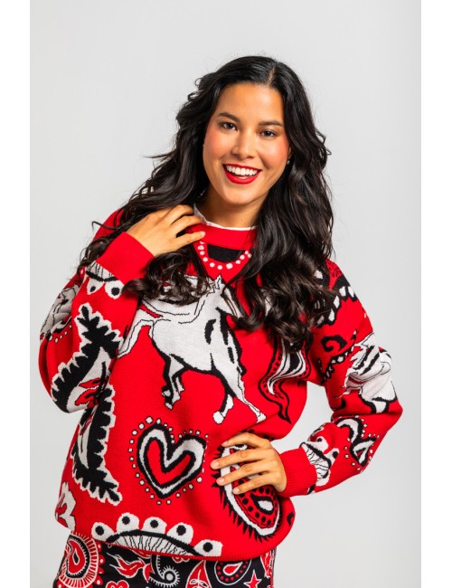 JERSEY OVERSIZE DE ESTAMPADO PAISLEY CACHEMIR ROJO