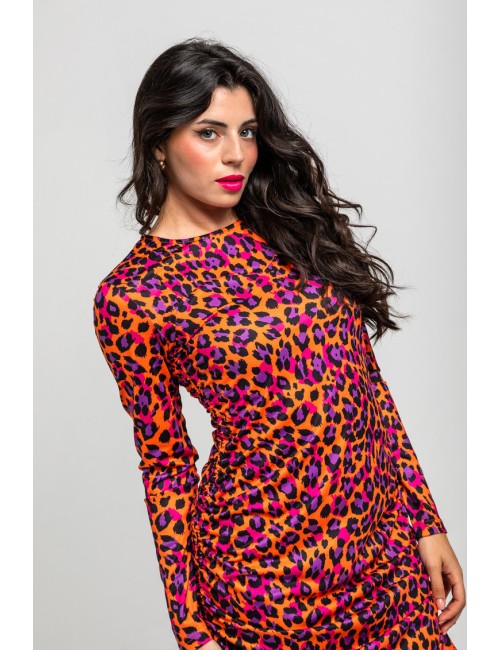 VESTIDO DRAPEADO LATERALES DE ANIMAL NARANJA