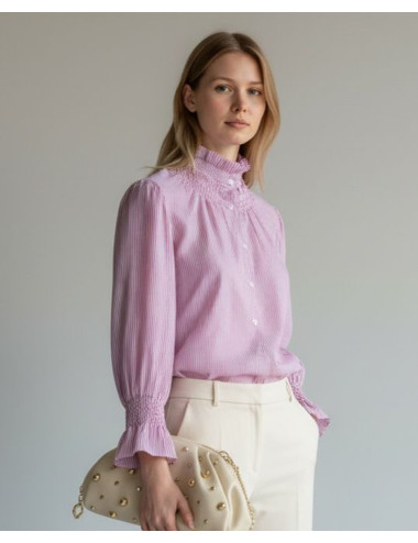 CAMISA RAYAS CUELLO ROSA