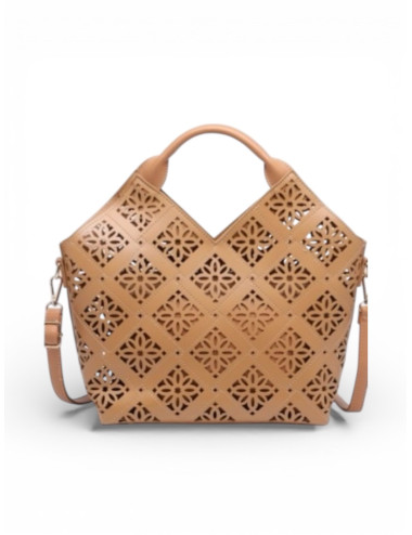 BOLSO MANO REJILLA FLOR CAMEL