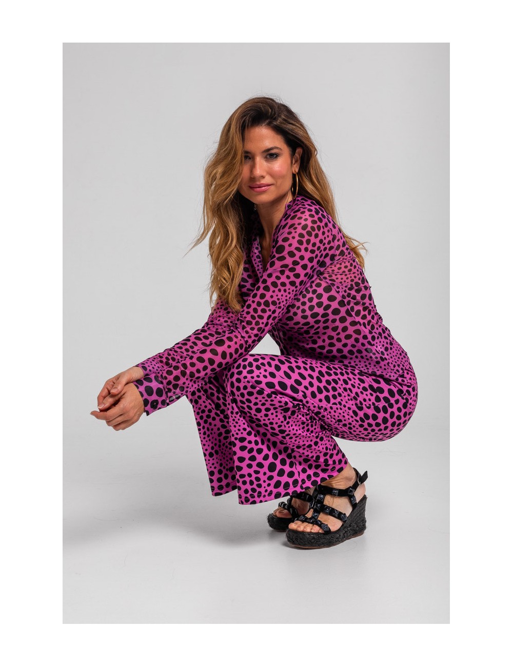 CAMISA TUL DRAPEADA ANIMAL PRINT ROSA Y NEGRA