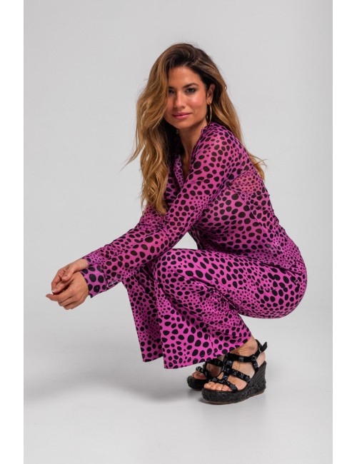 CAMISA TUL DRAPEADA ANIMAL PRINT ROSA Y NEGRA