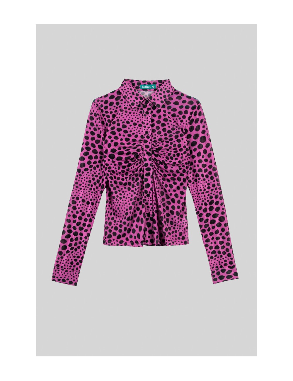 CAMISA TUL DRAPEADA ANIMAL PRINT ROSA Y NEGRA