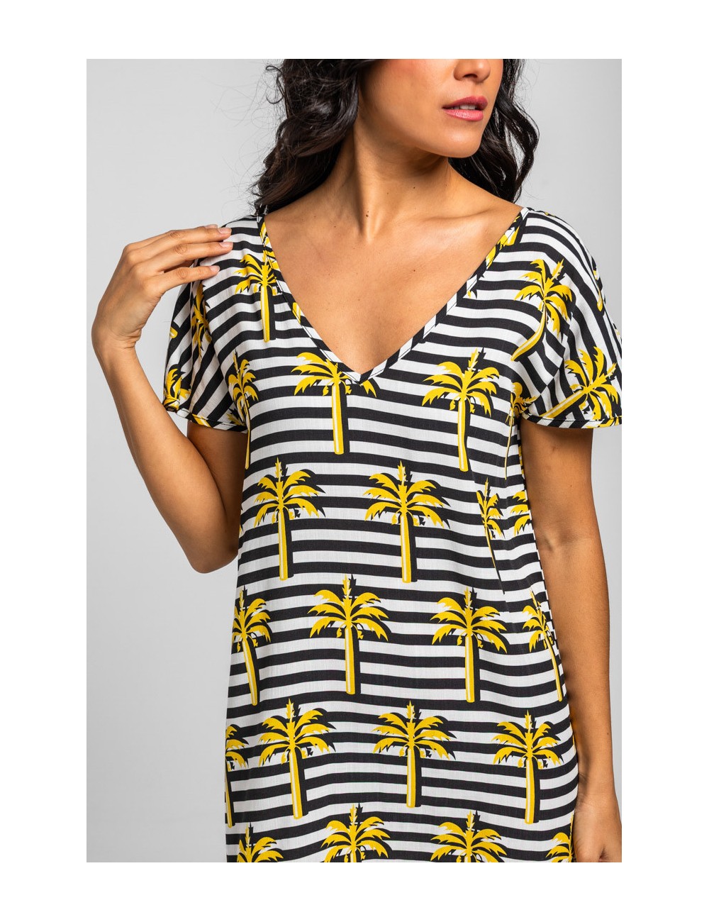 VESTIDO CORTO CUELLO PICO DE PALMERAS AMARILLAS Y RAYA BLANCA Y NEGRA