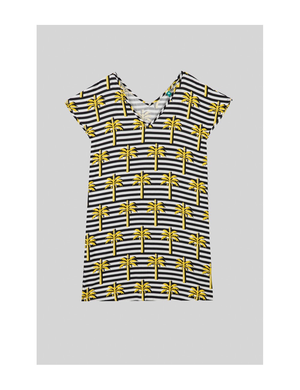 VESTIDO CORTO CUELLO PICO DE PALMERAS AMARILLAS Y RAYA BLANCA Y NEGRA