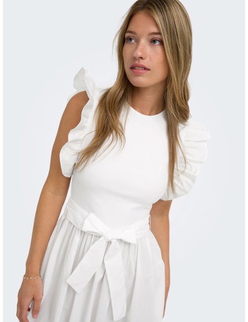 VESTIDO LARGO VOLANES MANGAS BLANCO