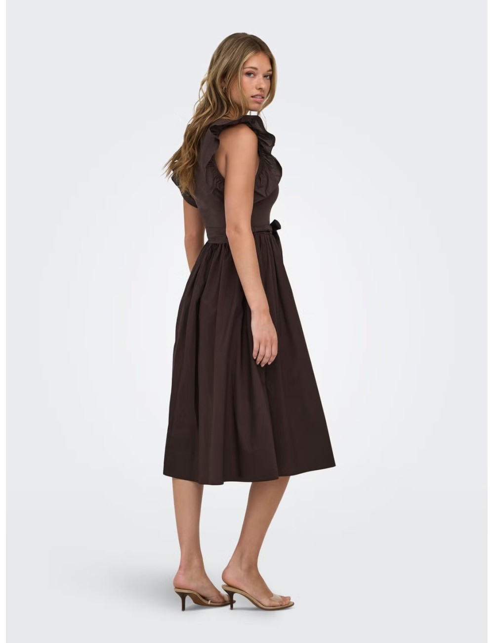 VESTIDO MIDI VOLANES MANGAS MARRÓN