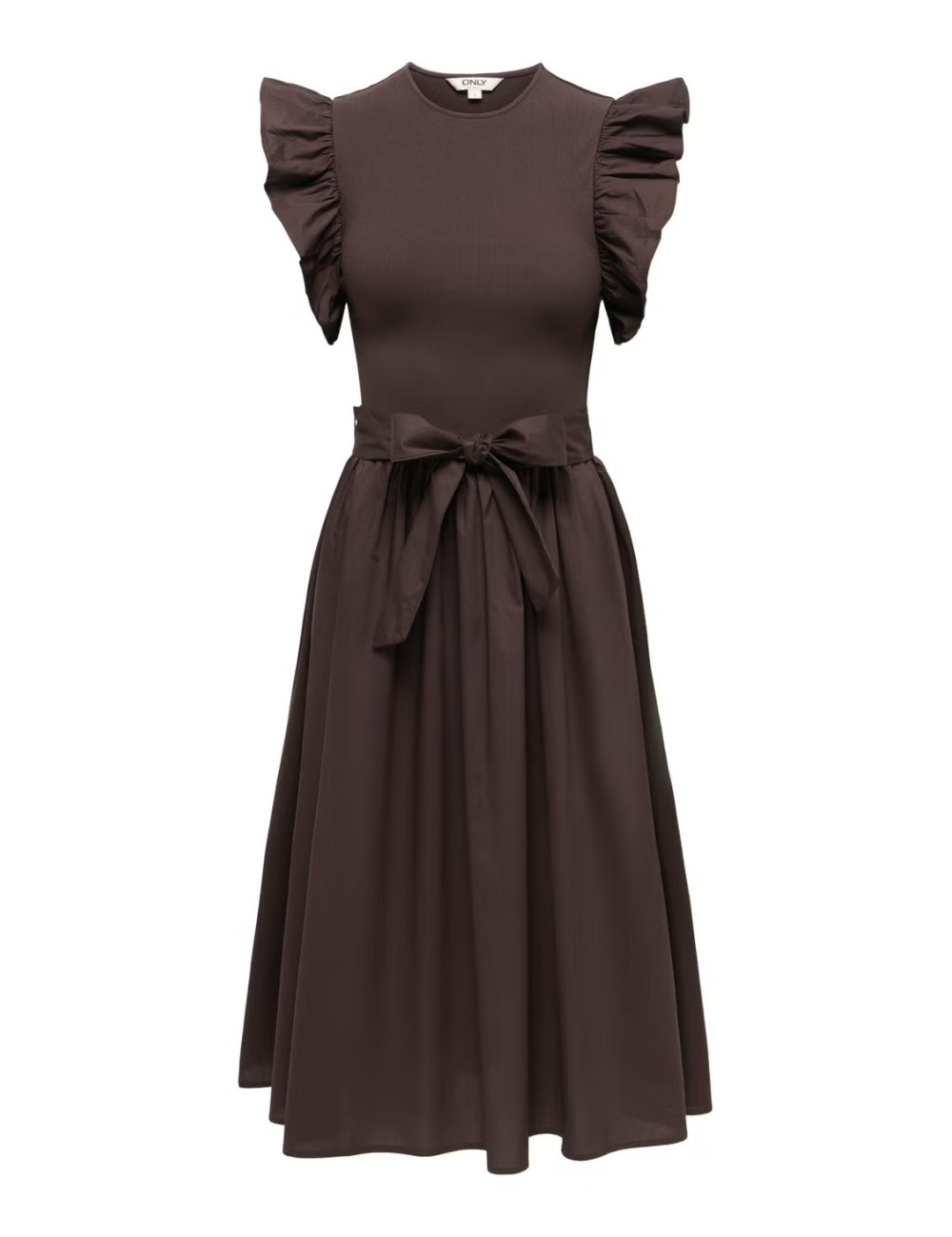 VESTIDO MIDI VOLANES MANGAS MARRÓN