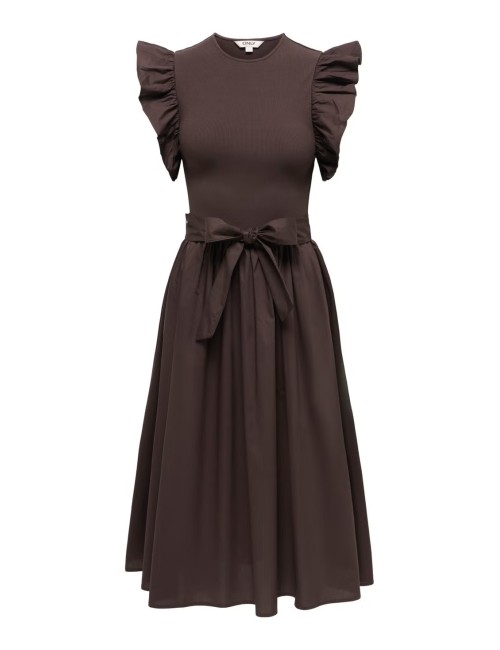 VESTIDO MIDI VOLANES MANGAS MARRÓN