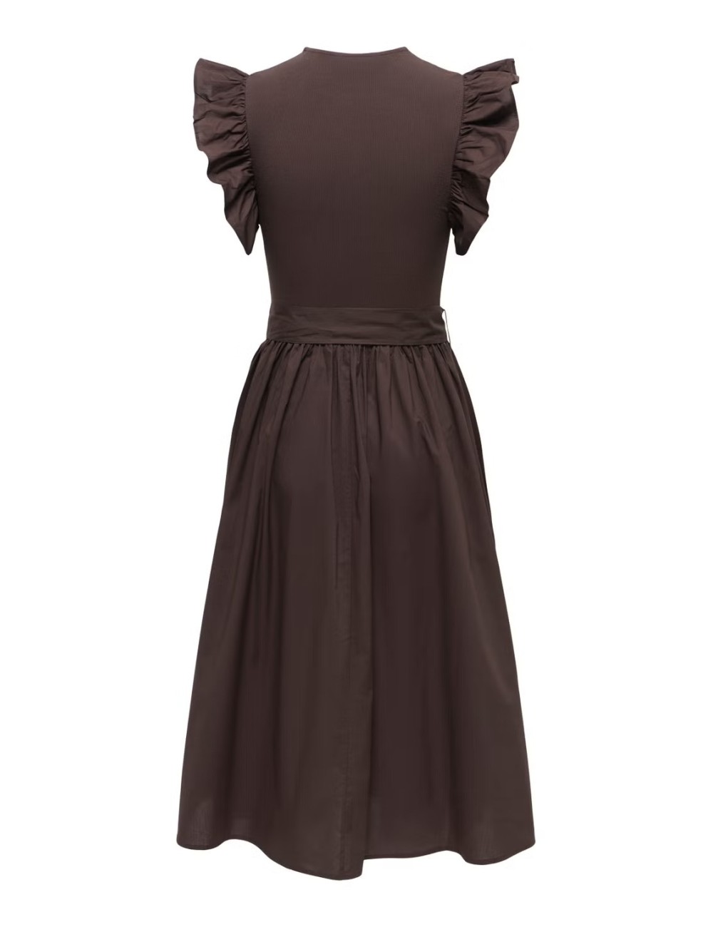 VESTIDO MIDI VOLANES MANGAS MARRÓN