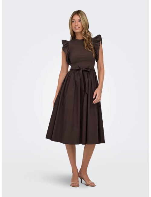 VESTIDO MIDI VOLANES MANGAS MARRÓN