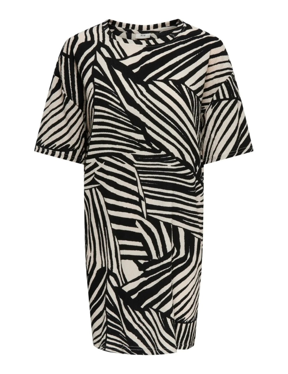 VESTIDO CORTO CON ESTAMPADO DE RAYAS ABSTRACTAS BICOLOR NEGRO Y CRUDO