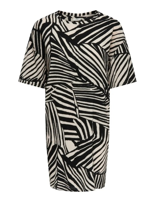 VESTIDO CORTO CON ESTAMPADO DE RAYAS ABSTRACTAS BICOLOR NEGRO Y CRUDO