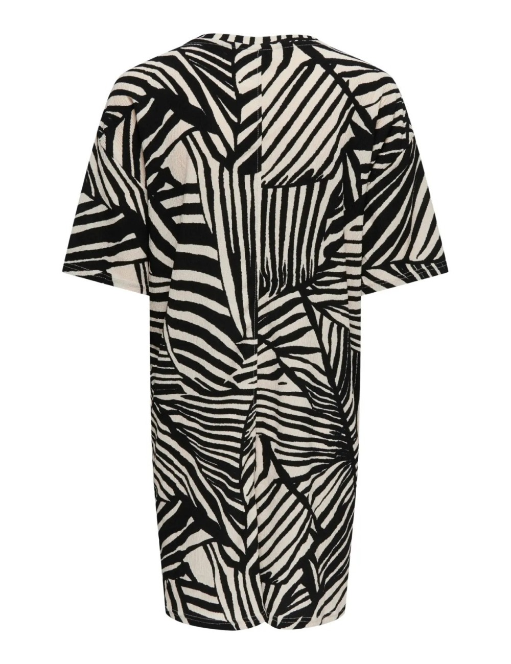 VESTIDO CORTO CON ESTAMPADO DE RAYAS ABSTRACTAS BICOLOR NEGRO Y CRUDO