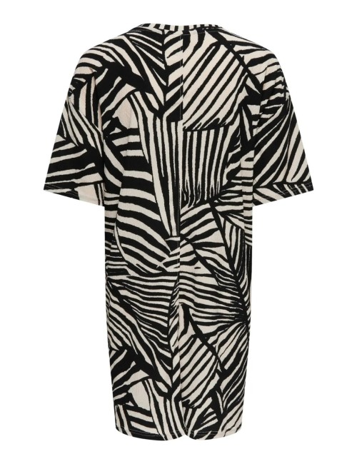 VESTIDO CORTO CON ESTAMPADO DE RAYAS ABSTRACTAS BICOLOR NEGRO Y CRUDO