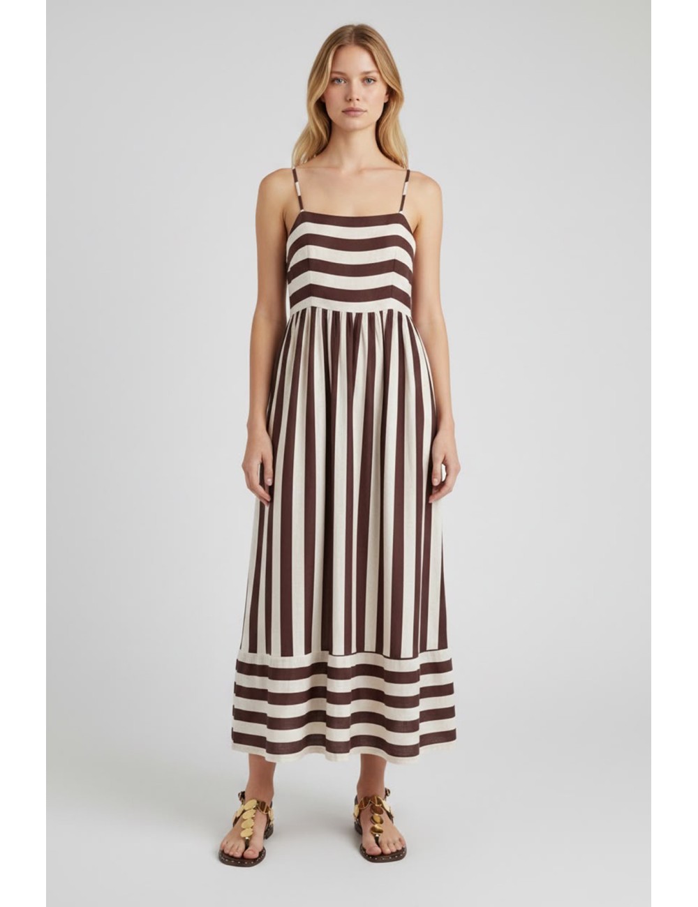 VESTIDO LARGO DE RAYAS MARRONES Y CRUDO CON TIRANTES FINOS