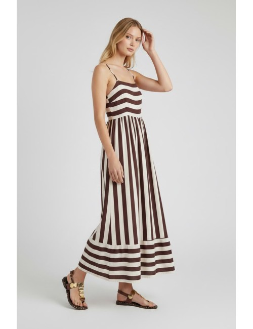 VESTIDO LARGO DE RAYAS MARRONES Y CRUDO CON TIRANTES FINOS