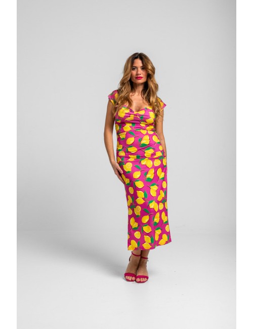 VESTIDO MIDI ESCOTE CORAZÓN ROSA DE LIMONES