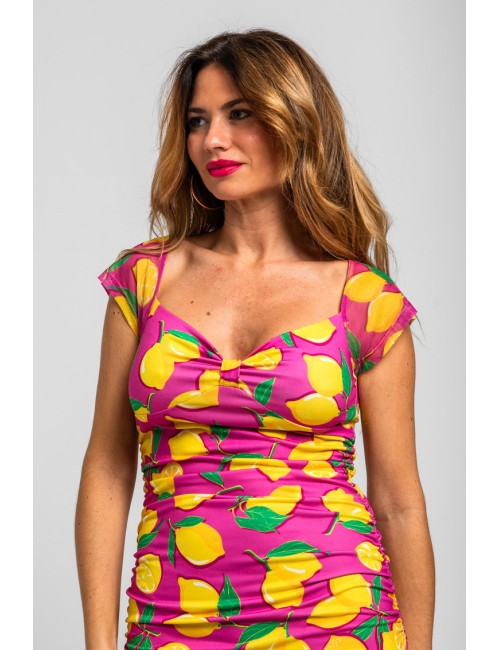 VESTIDO MIDI ESCOTE CORAZÓN ROSA DE LIMONES