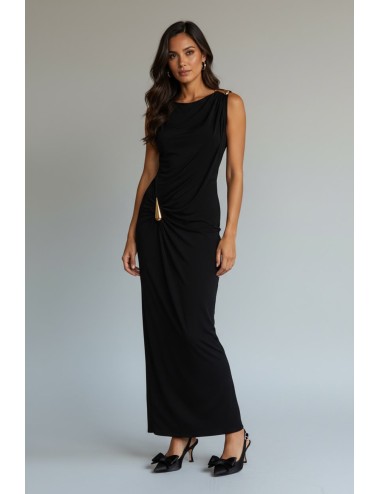 VESTIDO LARGO CON DRAPEADO ASIMÉTRICO NEGRO Y DETALLE ORO