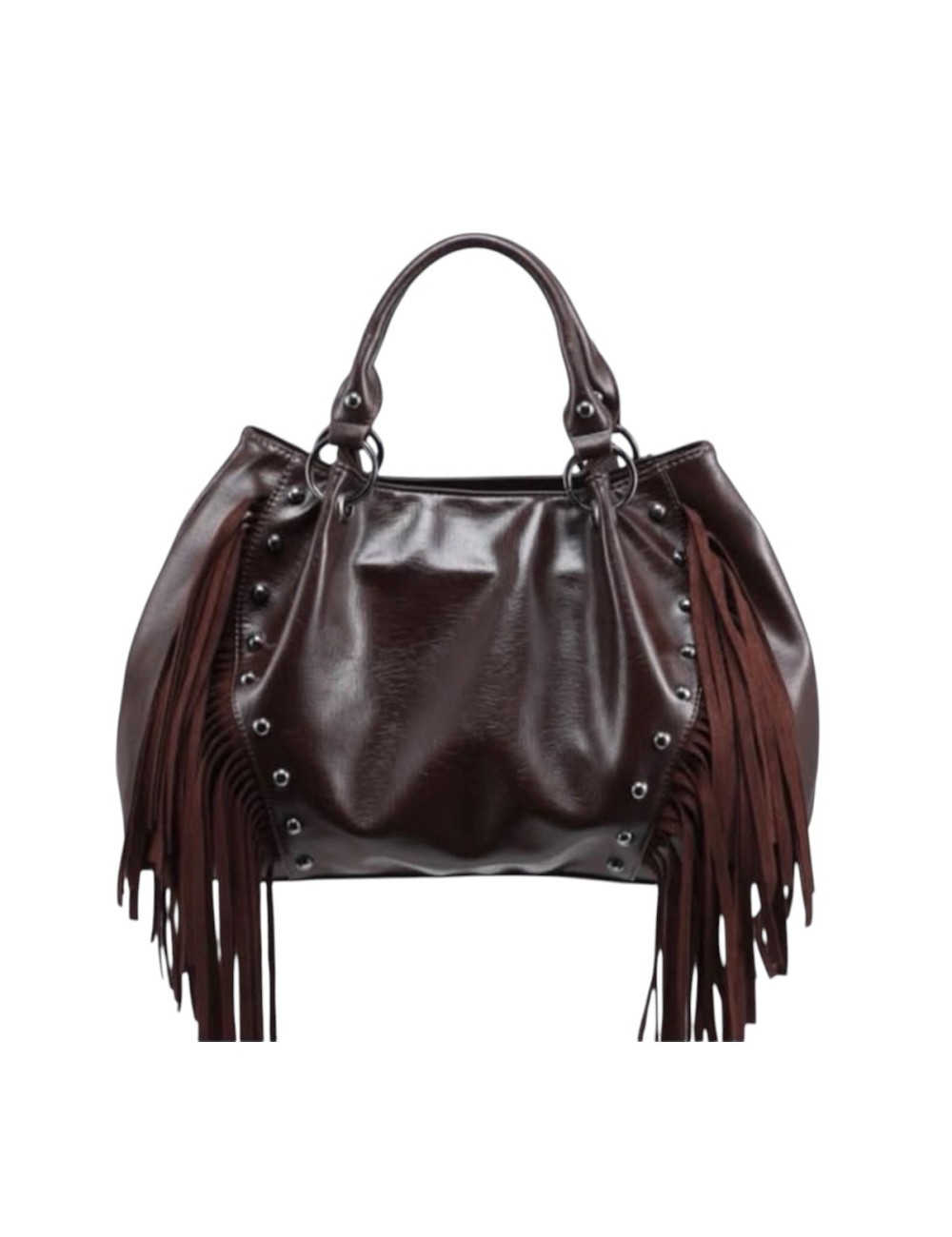 BOLSO DE MANO COMBINADO CON FLECOS MARRÓN