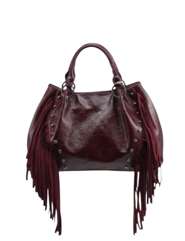 BOLSO DE MANO COMBINADO CON FLECOS BURDEOS