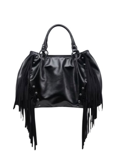 BOLSO DE MANO COMBINADO CON FLECOS NEGRO