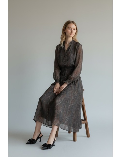 VESTIDO MIDI DE GASA PAISLEY CON CINTURO DE NIDO DE ABEJA