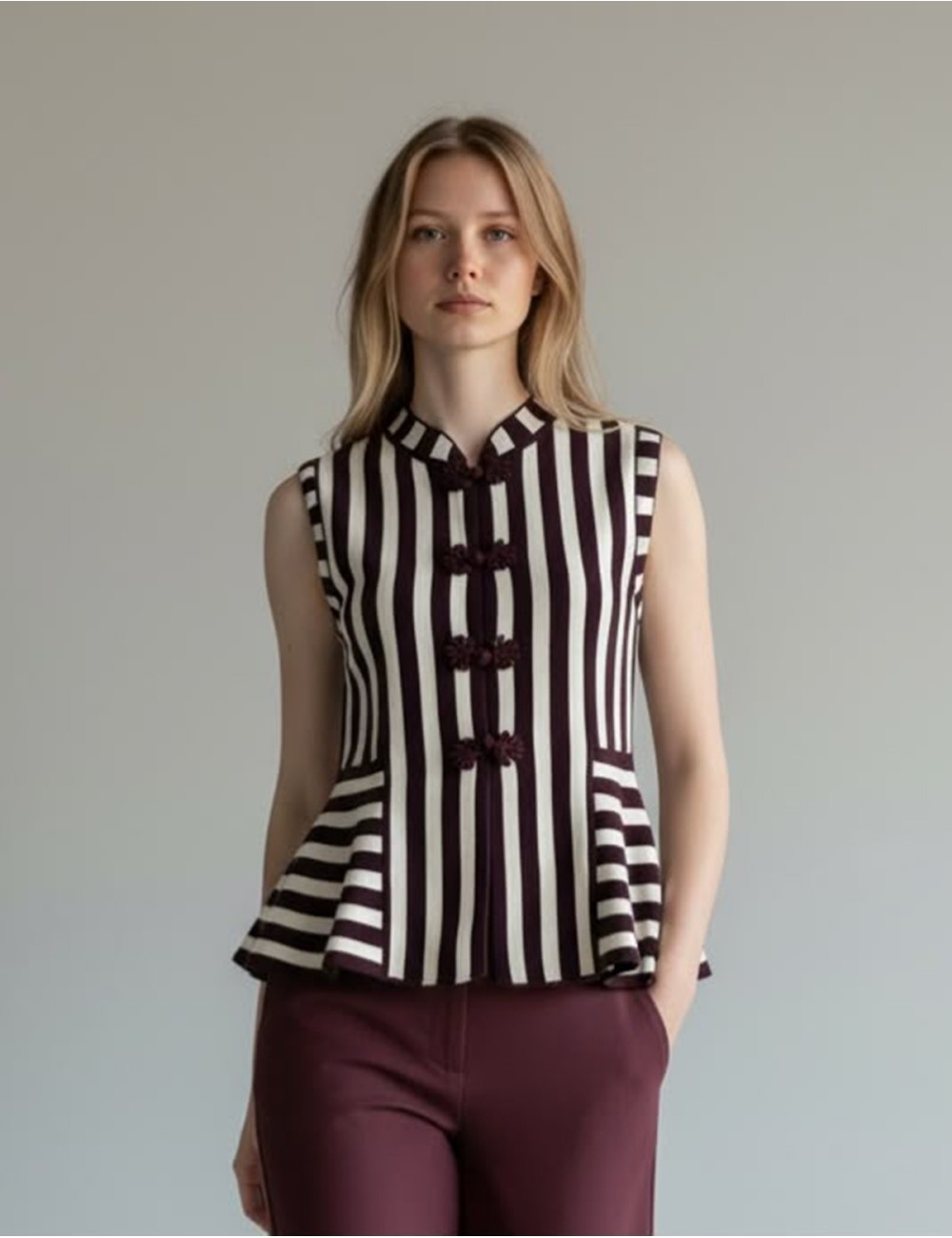 CHALECO/TOP RAYAS DE PUNTO BURGUNDY