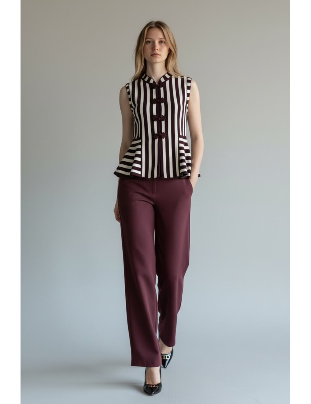 CHALECO/TOP RAYAS DE PUNTO BURGUNDY