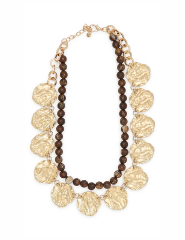COLLAR DOBLE HILA CON CUENTAS DE MADERA MOENDAS MARTILLADAS