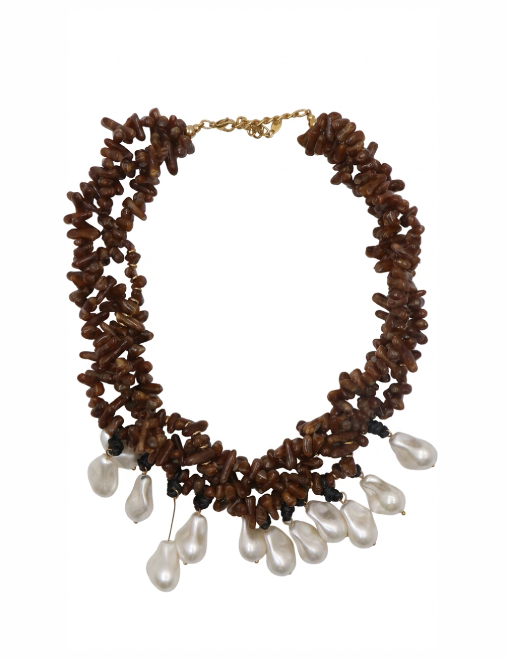 COLLAR CUENTAS ORGÁNICAS TOSTADAS CON CASCADA DE PERLAS BARROCAS