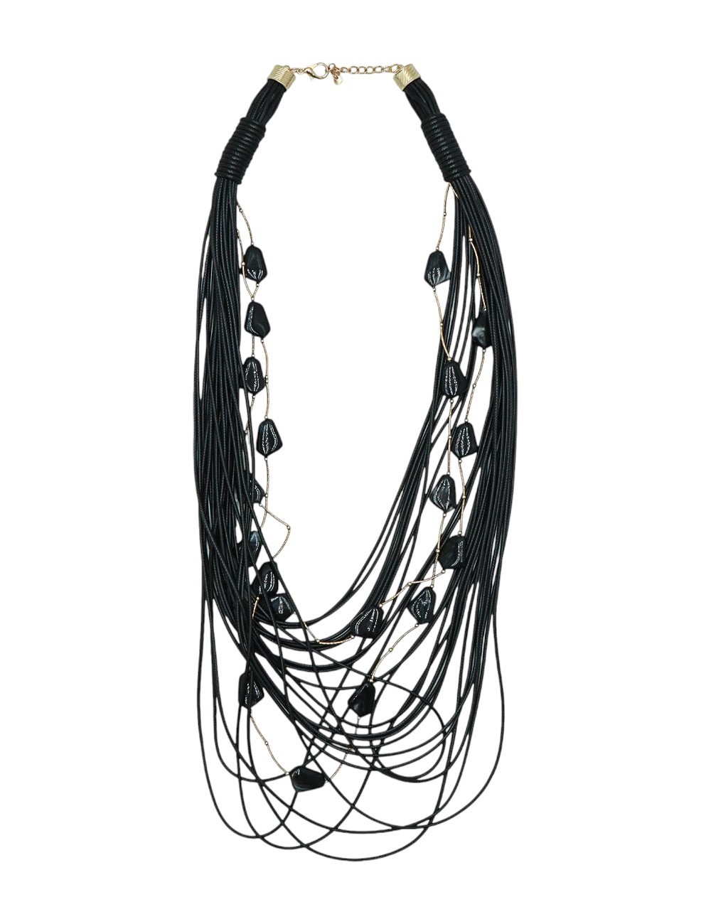 COLLAR MULTIHILO NEGRO CON PIEDRAS IRREGULARESY DETALLES DORADOS