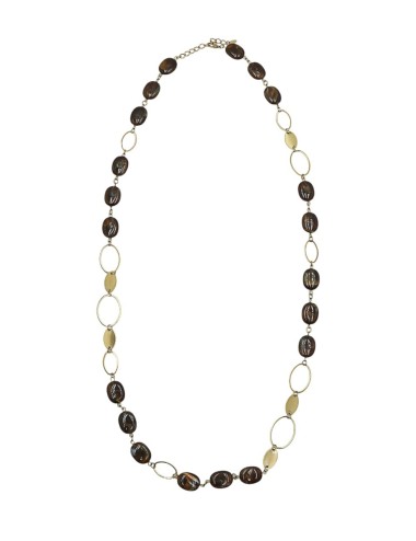 COLLAR LARGO CON CUENTAS OVALADAS EFECTO NÁCAR Y ELABONES ABIERTOS DORADOS