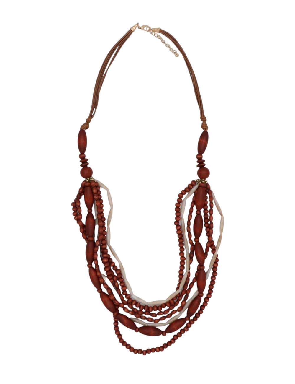 COLLAR MULTIFILA EN CASCADA CON CUENTAS DE MADERA Y DETALLES DE RESINA