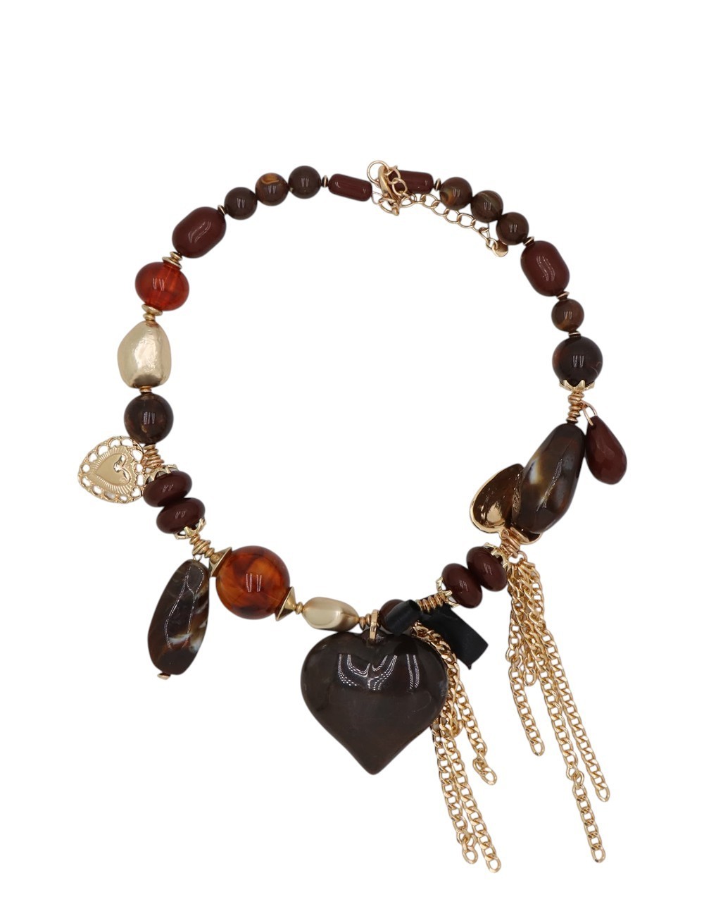 COLLAR DE CUENTAS MARRONES CON MEDALLÓN DE CORAZÓN Y CADENAS COLGANTES