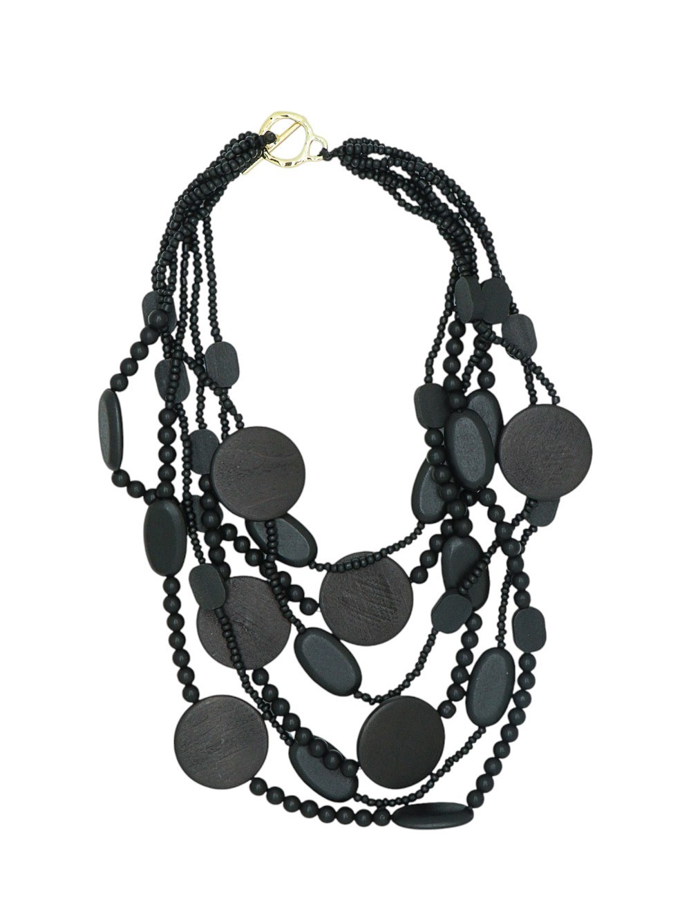 COLLAR MULTIFILA EN CASCADA CON CUENTAS DE MADERA Y DISCOS GEOMÉTRICOS