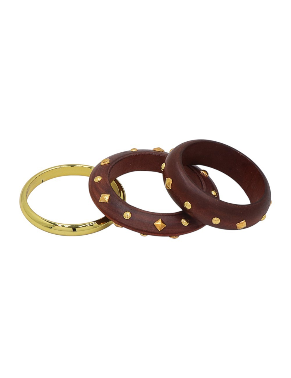 SET DE PULSERAS DE MADERA CON TACHULEAS DORADAS Y ARO METÁLICO LISO